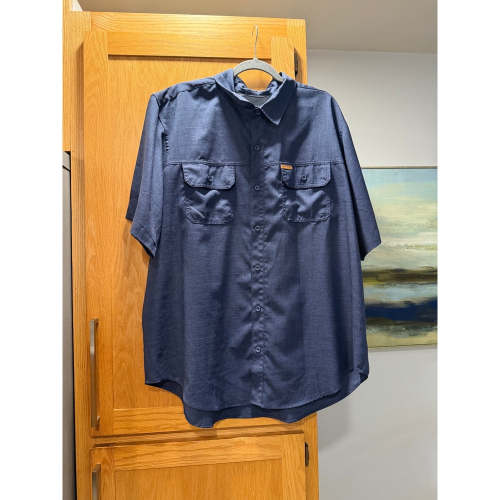 Orvis Mens XXL Short Sleeve Button Down Shirt Navy Blue Outdoor Hiking Classic